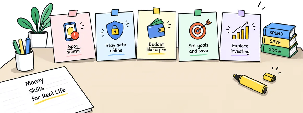 Notes pinned above a desk: Spot scams, Stay safe online, Budget like a pro, Set goals and save, Explore investing — beside books labelled Spend, Save, Grow and a notebook titled Money Skills for Real Life