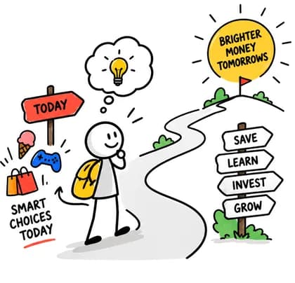 A child at a sign saying Today, thinking about smart choices, at the start of a path past signs for Save, Learn, Invest and Grow towards a sun labelled Brighter money tomorrows