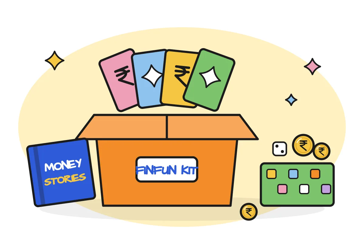 Illustration of the FinFun learning kit: money cards, a board game and a money stories book
